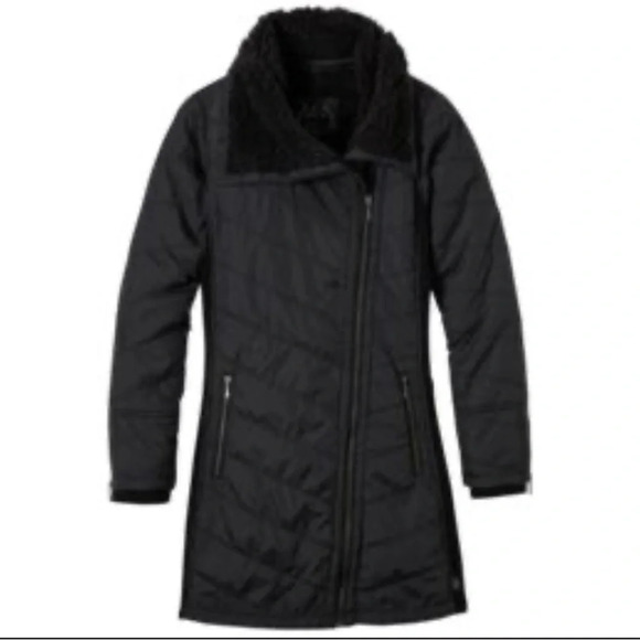 prAna Diva Quilted Sherpa Lined Long Jacket Size XS Black Asymmetrical Zip - Picture 1 of 11